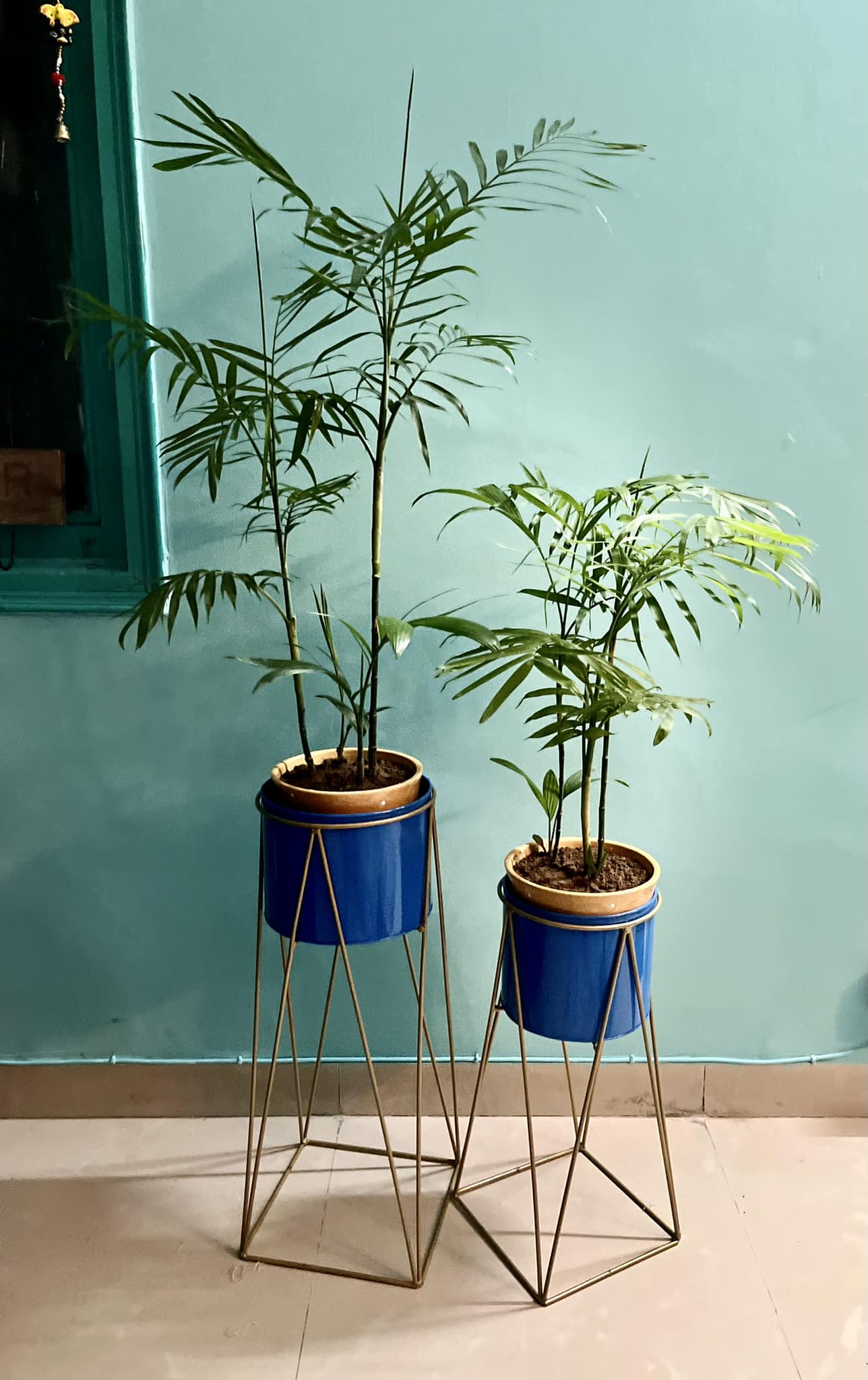 Blue Metal Planters with Golden Stand (Set of 2)